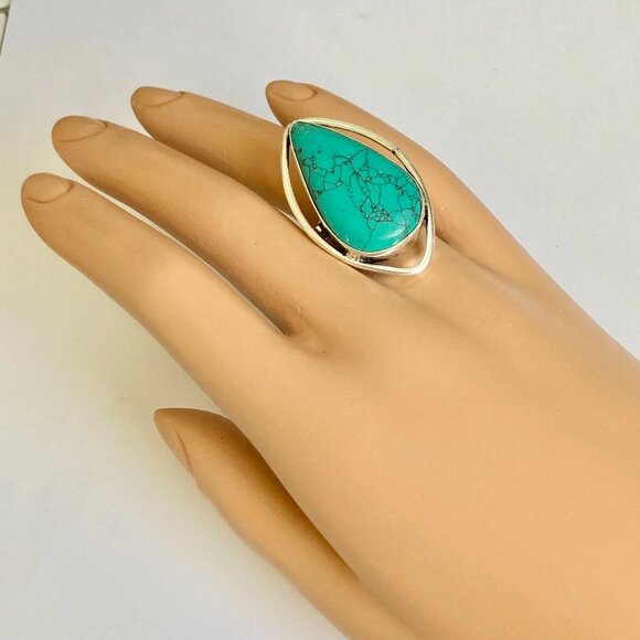 Silver Boho Faux Turquoise Cocktail Ring Size 8 Aqua Blue Stone Simulated Plated - Picture 3 of 9